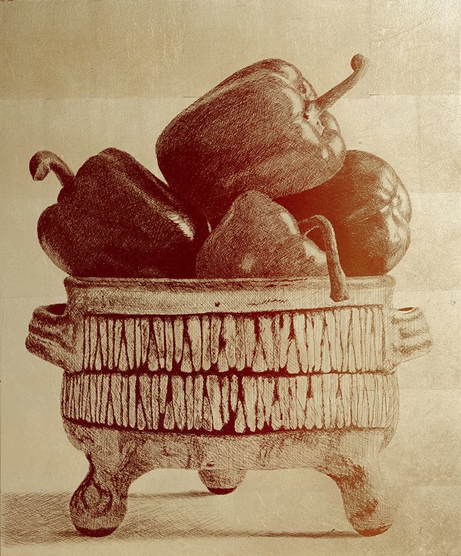 <p>Poivrons et soupière de Jacques Pouchain</p><p>2022, cuivre, 55 x 46 x 2 cm</p>