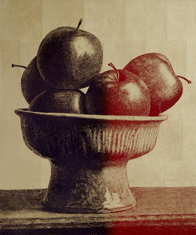 <p>Pommes et coupe de Magali Wagner</p><p>2023, cuivre, 55 x 46 x 2 cm</p>