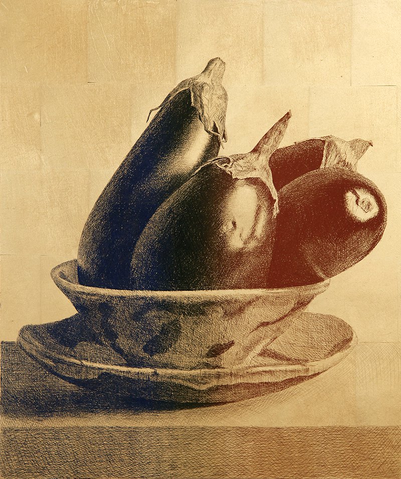 <p>Aubergines et assiettes d&#x27;Héloïse Bariol</p><p>2022, cuivre, 55 x 46 x 2 cm</p>