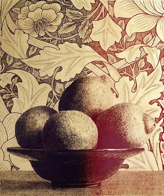 <p>Citrons, assiette d&#x27;Etienne Mauroy et tapisserie de</p><p>William Morris</p><p>2023, cuivre, 55 x 46 x 2 cm</p>