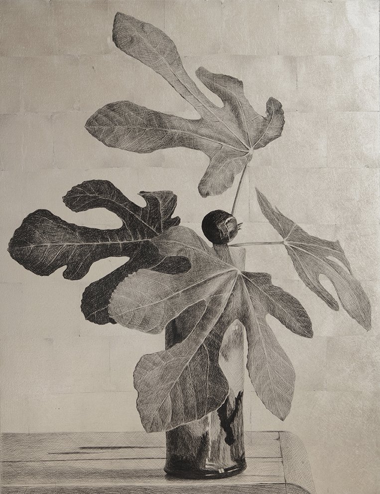 <p>Figuier et vase d&#x27;Héloïse Bariol<br/>2023, platine, 70 x 55 x 2 cm</p>